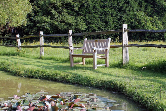 outdoor garden bench on grass with a fence in the background overlooking a pond