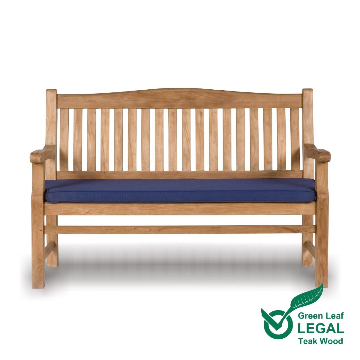 Wooden garden bench with arched back with a blue cushion on a white background, featuring the Green Leaf Legal Teak Wood logo.