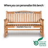 Wooden garden bench with arched back with text indicating where to personalize it, on a white background.
