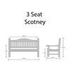 Dimensions of a 3-seat Scotney bench on a white background