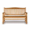 Wooden garden bench with arched back with engraved text on a white background
