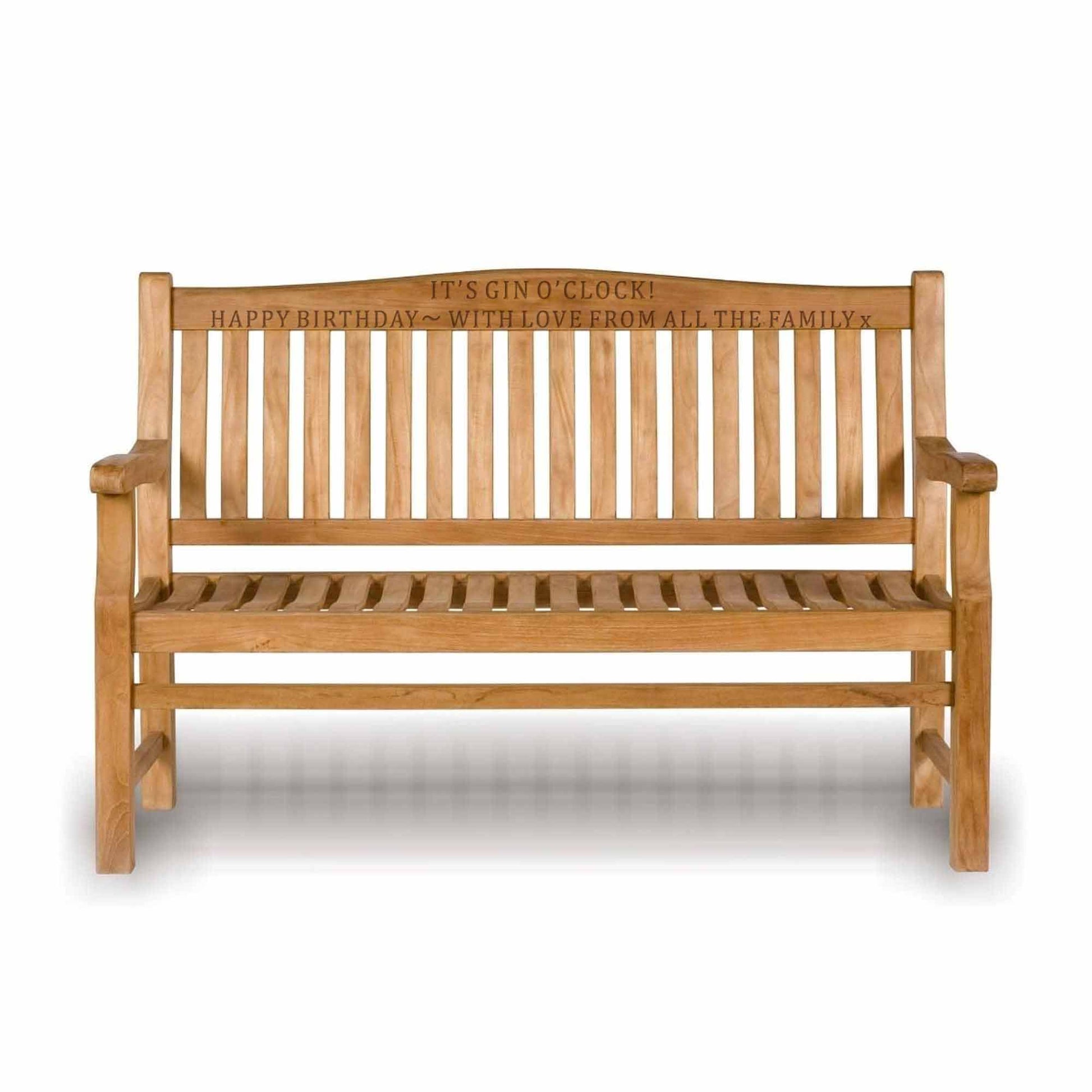 Wooden garden bench with arched back with engraved text on a white background