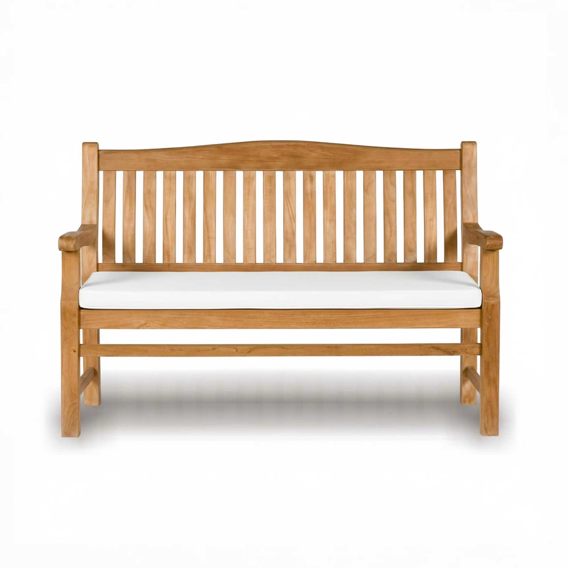Wooden garden bench with arched back with a white cushion on a white background