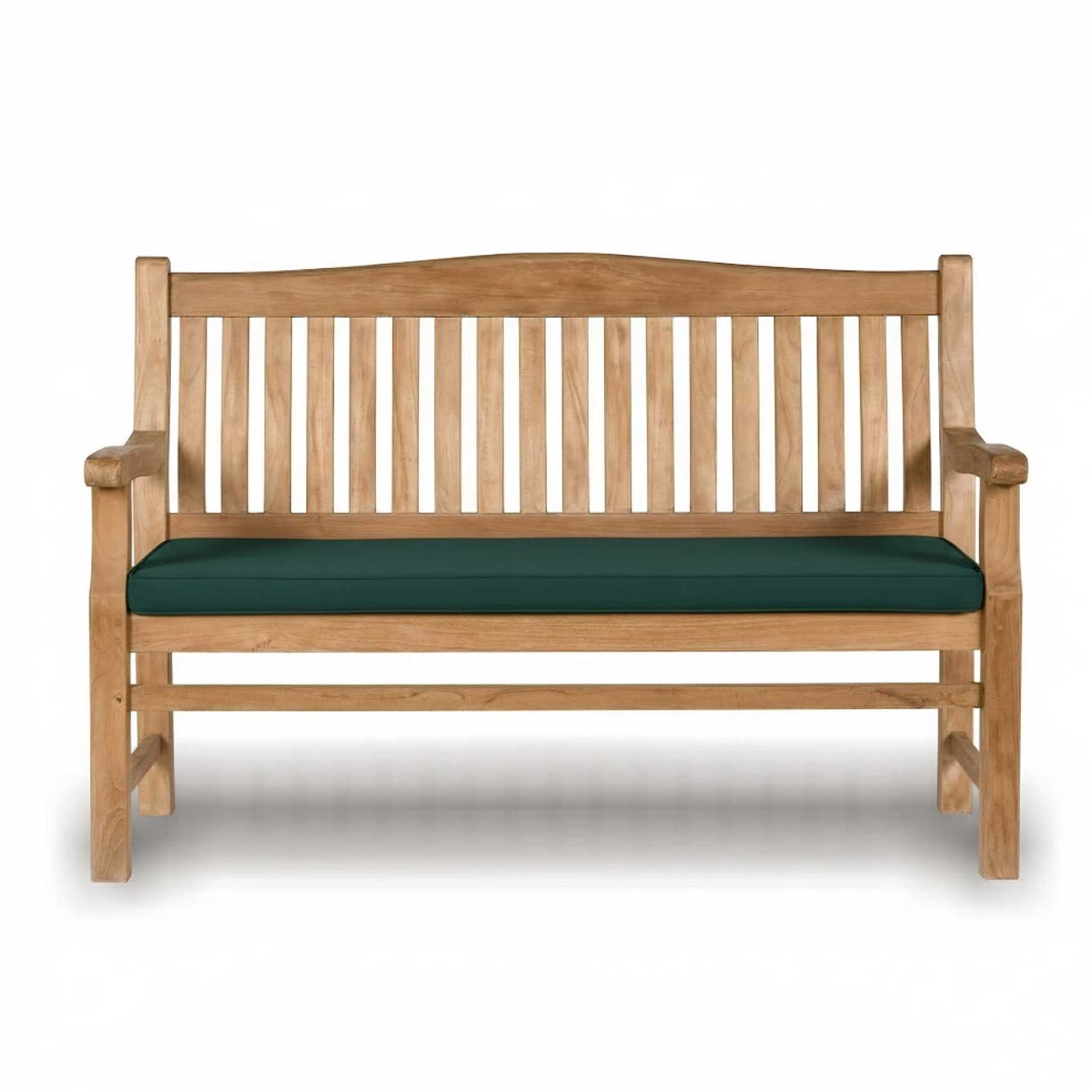 Wooden garden bench with arched back with a green cushion on a white background