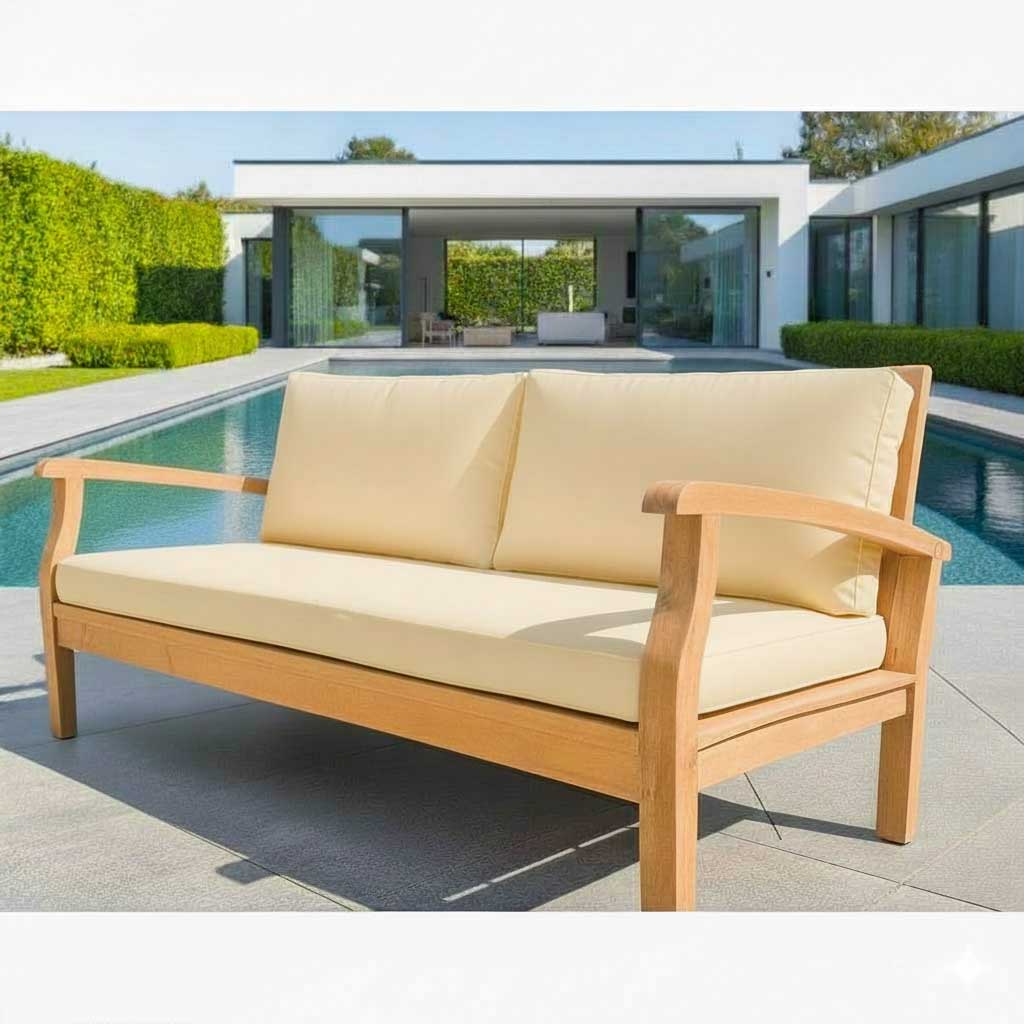 outdoor wooden day bed sofa by a pool
