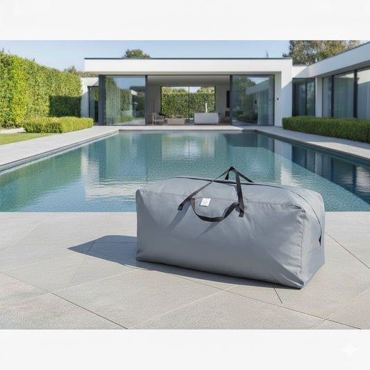 Gray outdoor garden cushion cover on a patio with a pool and modern house in the background