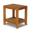 Wooden teak garden side table with a shelf on a white background