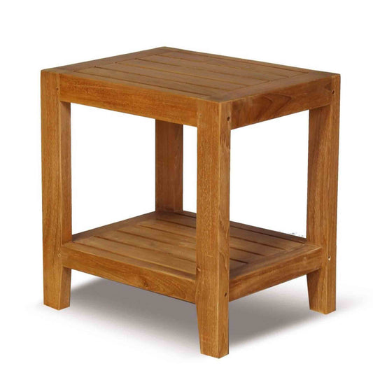 Wooden teak garden side table with a shelf on a white background