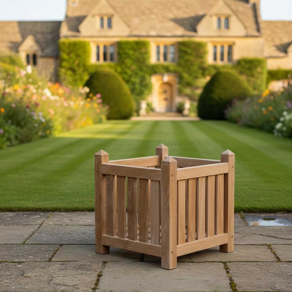 Wooden planter box on a stone patio with a garden and house in the background