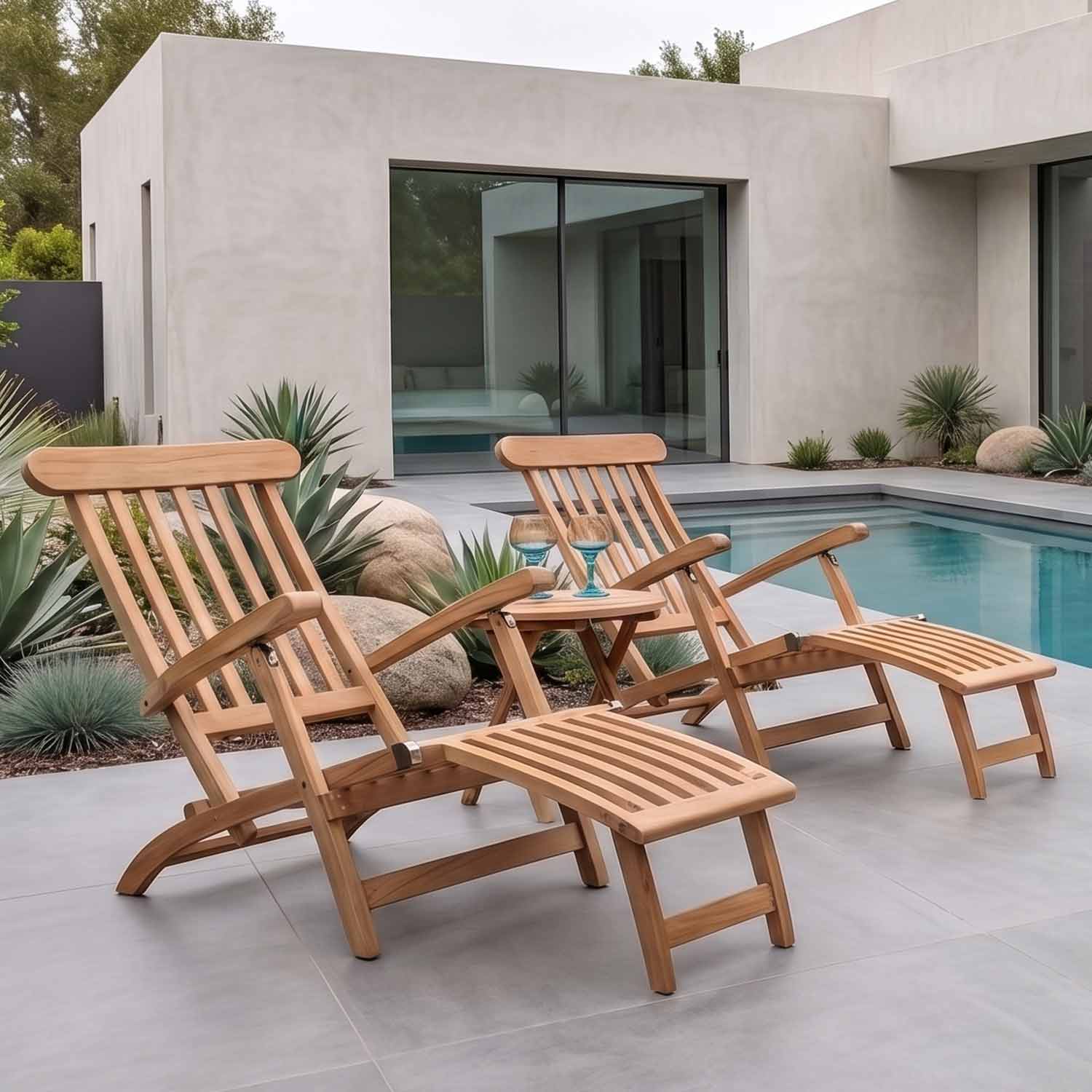 A pair of wooden outdoor teak steamer chairs on a tiled patio beside a pool with plants and rocks in the background.