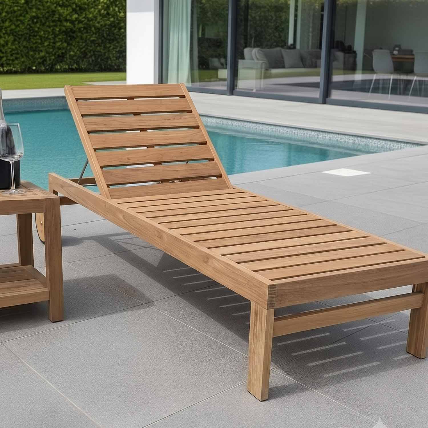 Grade A teak wooden sun lounger with wheels in a poolside setting UK
