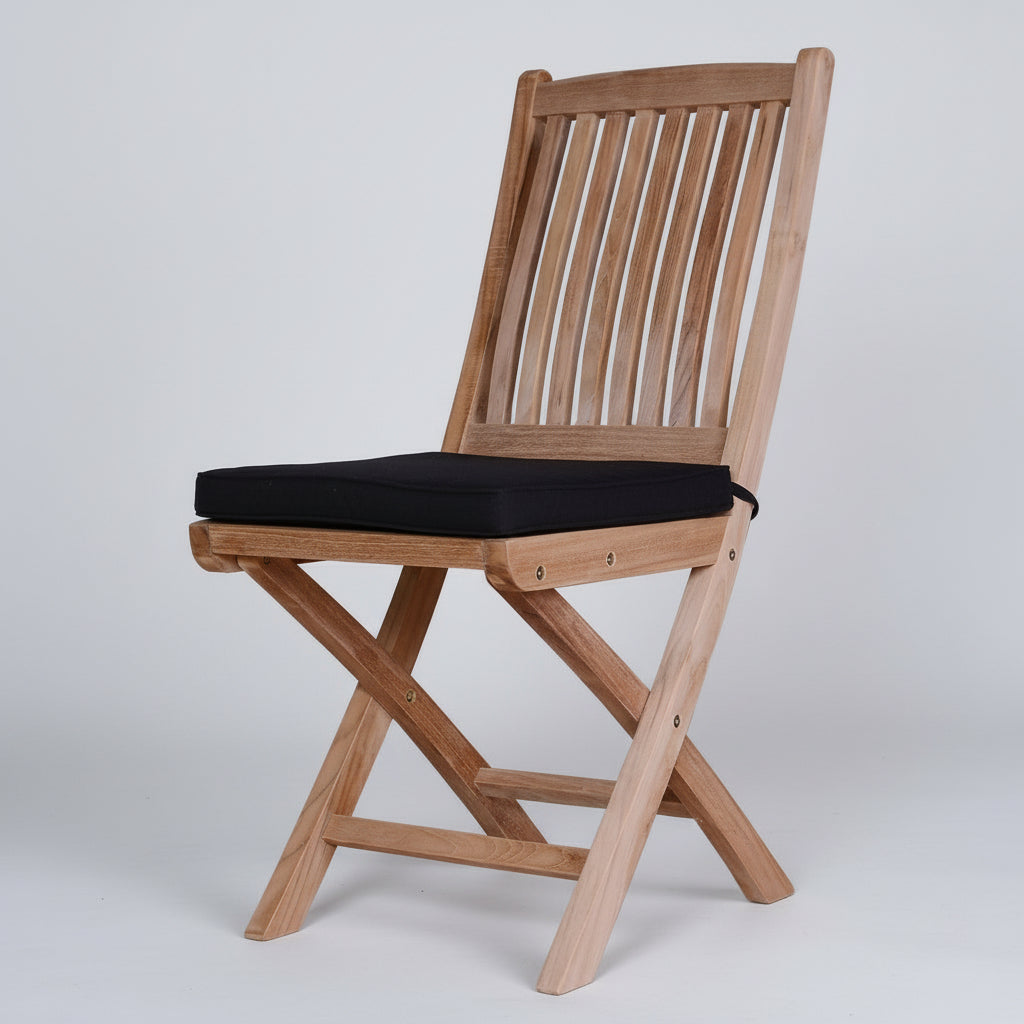 high quality Wooden teak folding chair with a black cushion on a white background