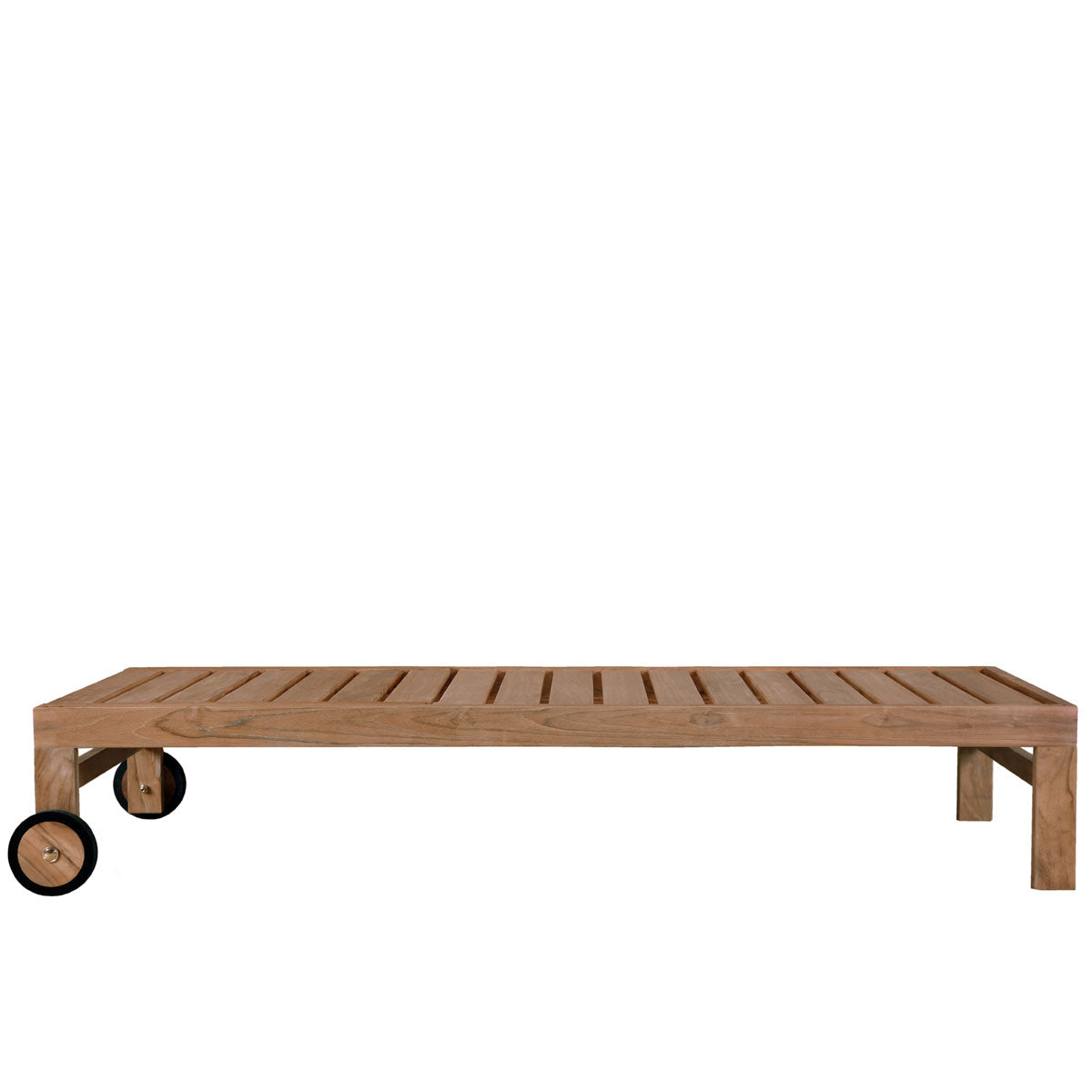 Teak pool lounger with wheels on a white background