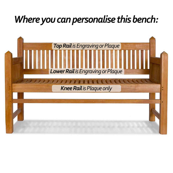 wooden teak garden bench, contemporary architectural design with text indicating engraving or plaque options on different rails.