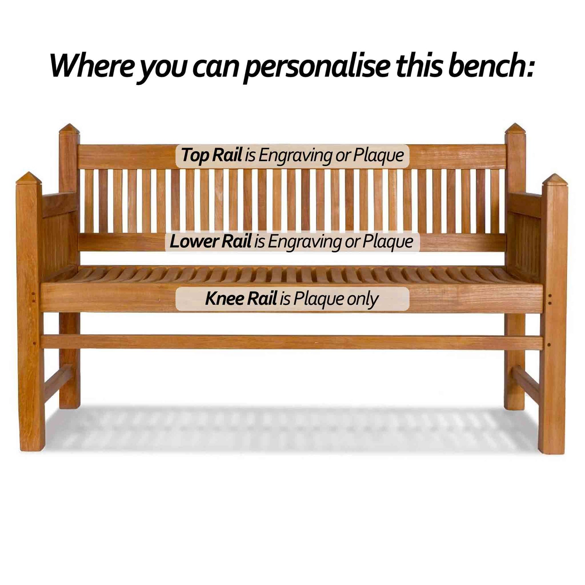 wooden teak garden bench, contemporary architectural design with text indicating engraving or plaque options on different rails.