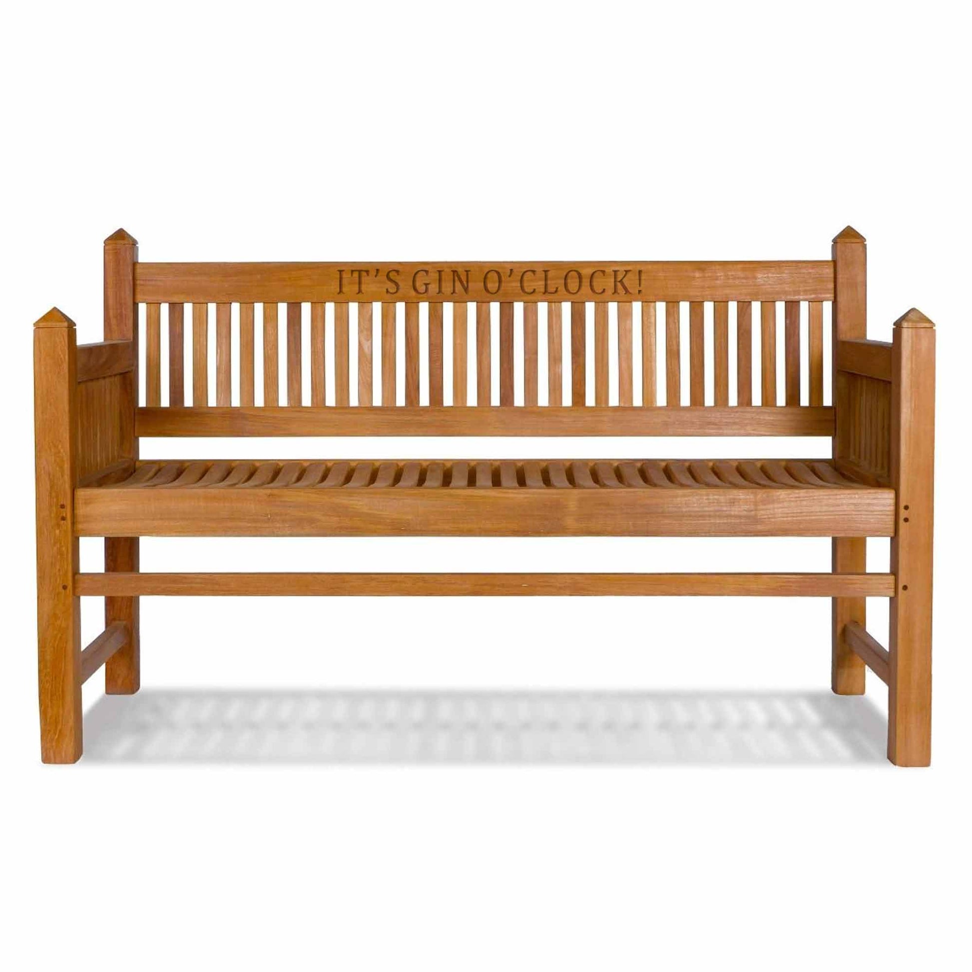 wooden teak garden bench, contemporary architectural design with 'IT'S GIN O'CLOCK!' text on a white background