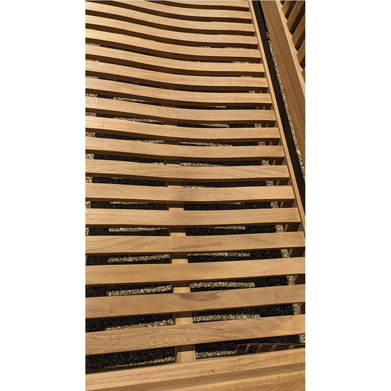 Wooden slat bench with horizontal and vertical patterns on a white background