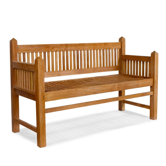 wooden teak garden bench, contemporary architectural design, with slatted backrest on a white background