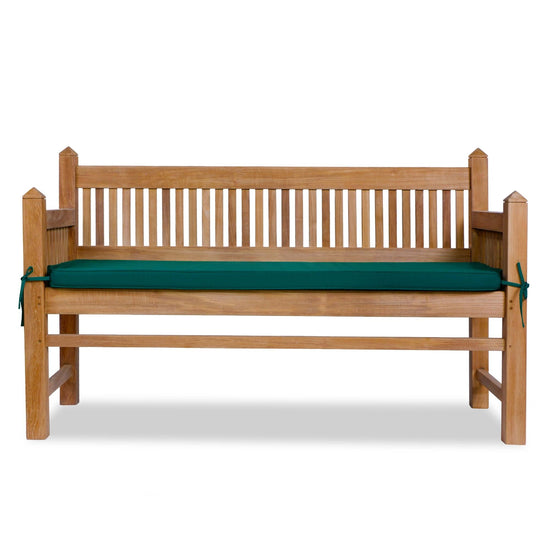 wooden teak garden bench, contemporary architectural design with a green cushion on a white background