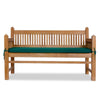 wooden teak garden bench, contemporary architectural design with a green cushion on a white background