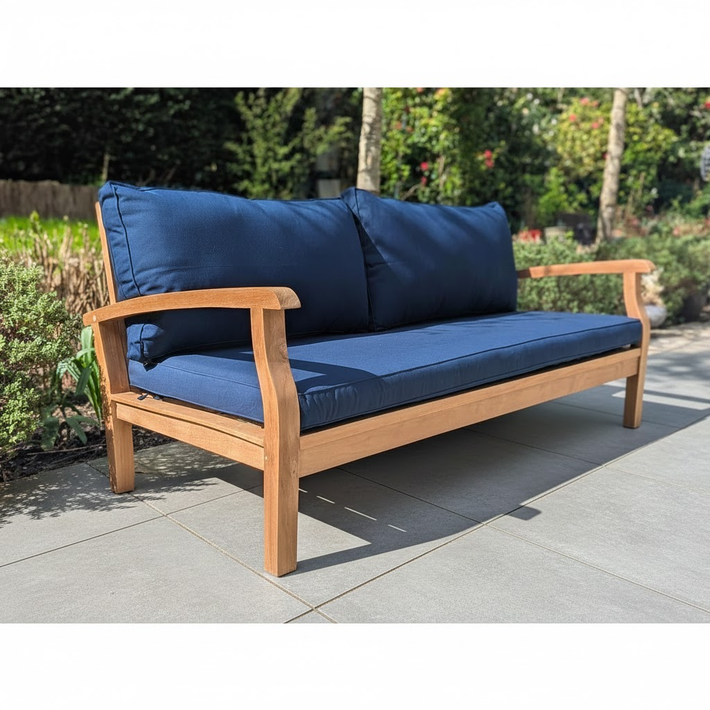 garden daybed with blue cushions on a gray patio