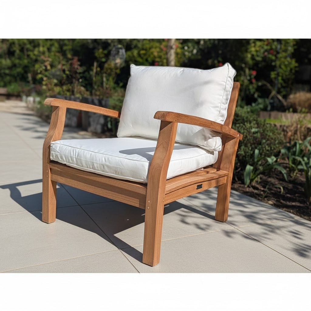 Wooden chair with white cushions on a grey patio