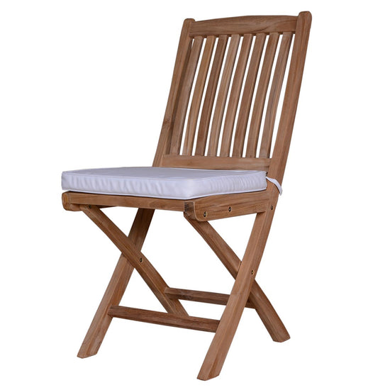 Wooden folding garden chair with a white cushion on a white background