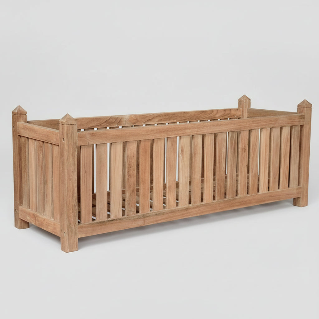 Large rectangular Versailles teak wooden planter box on a white background