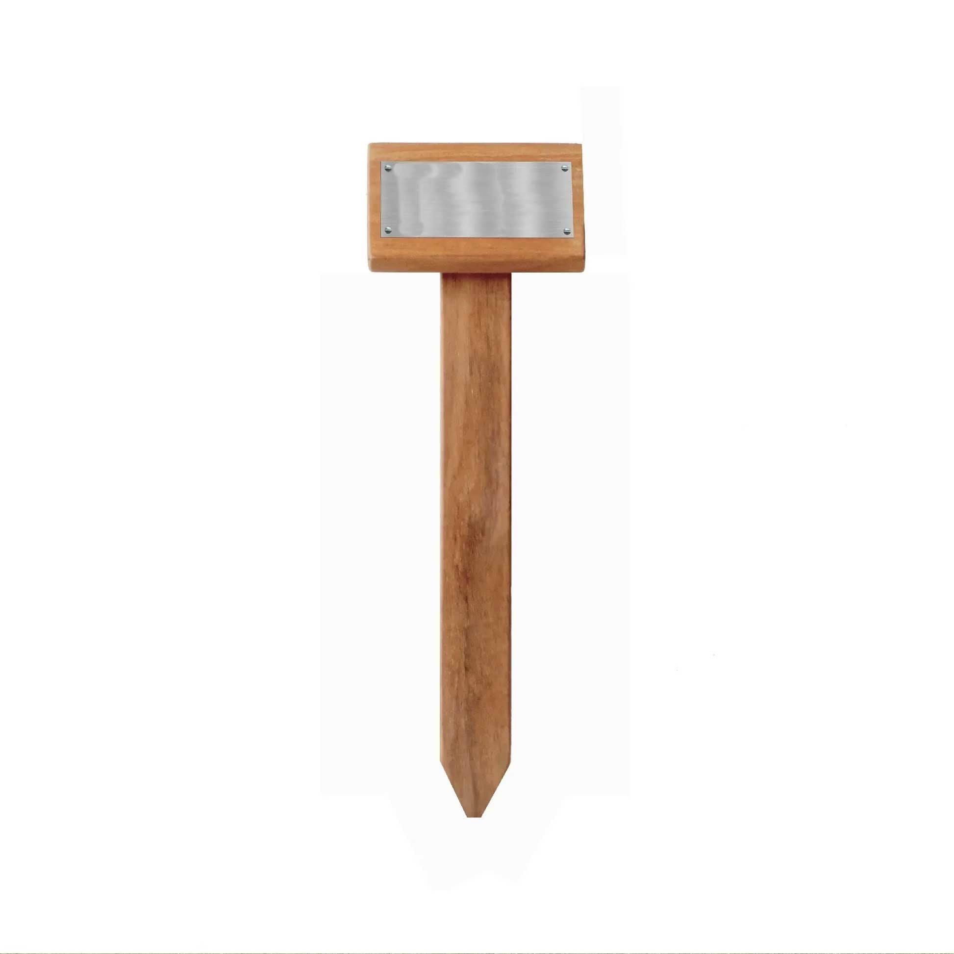 Wooden stake, garden marker, with a metal plate on a white background