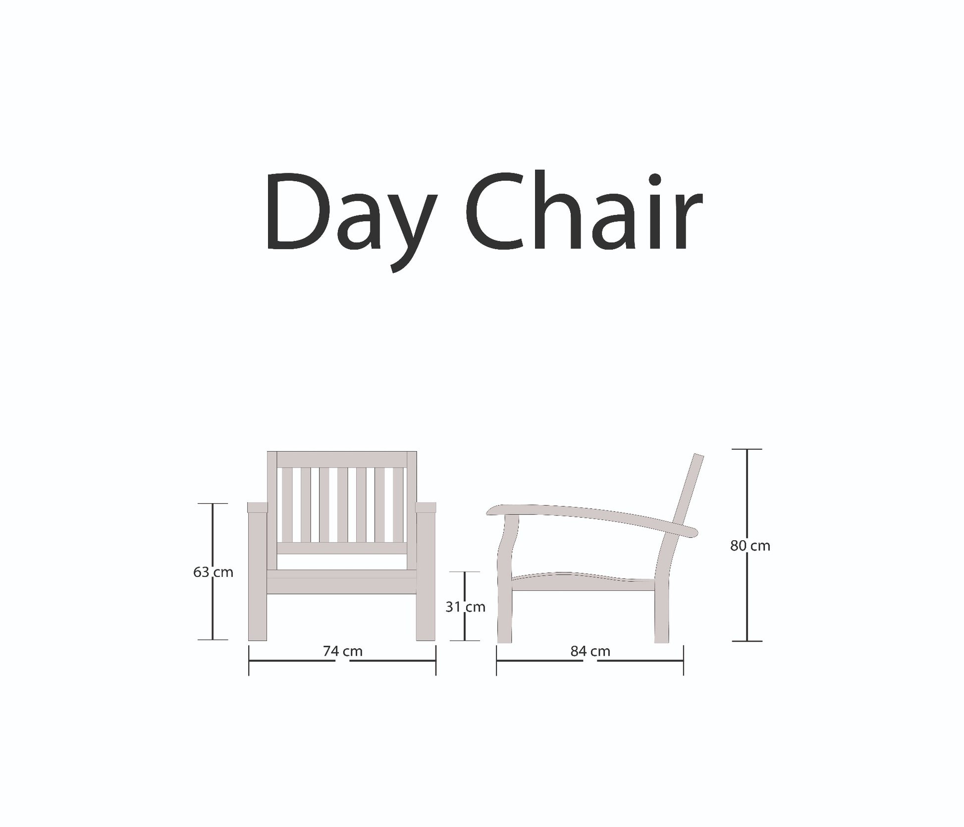 Day chair dimensions on a white background