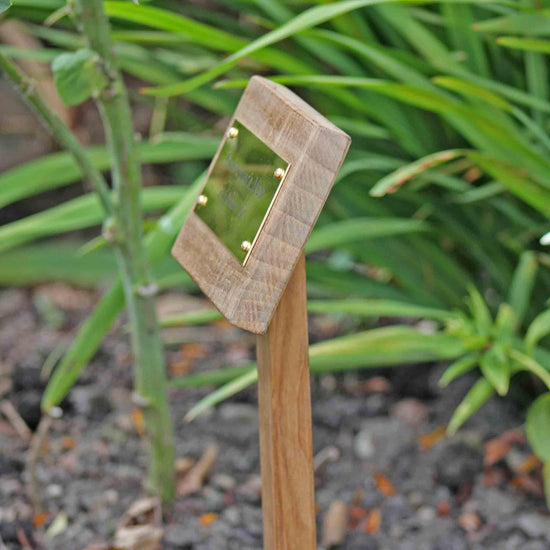 Wooden garden marker and plaque in a garden setting