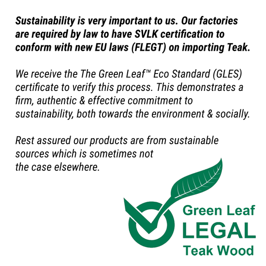 Text about sustainability and SVLK certification with a Green Leaf Legal logo on a white background