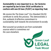 Text about sustainability and SVLK certification with a Green Leaf Legal logo on a white background