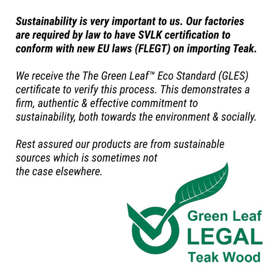 Text about sustainability and SVLK certification with a Green Leaf Legal logo on a white background