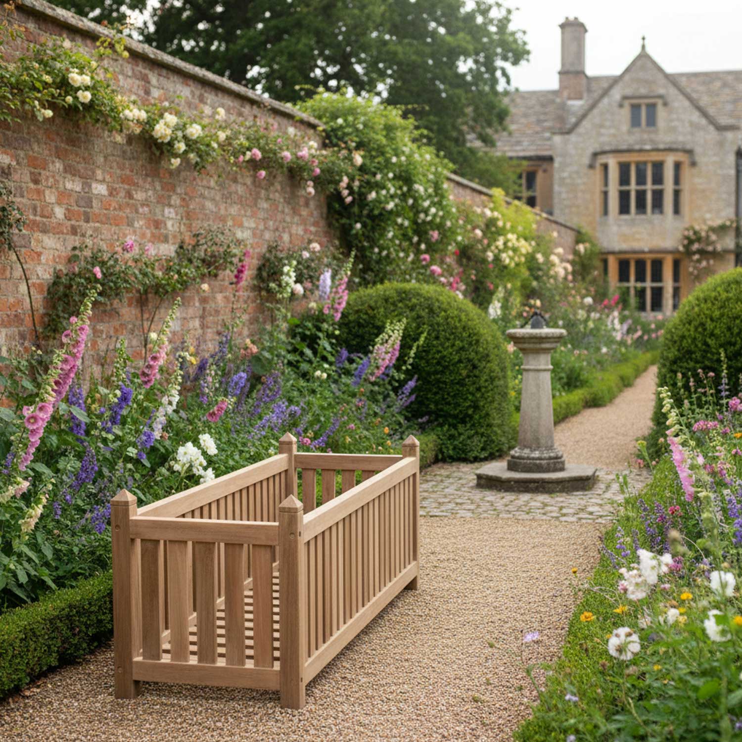 Garden with a large teak Versailles style Garden Planter, wall, flowers, and a building in the background
