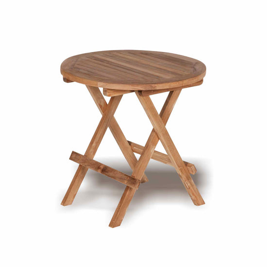 Wooden teak round folding table on a white background
