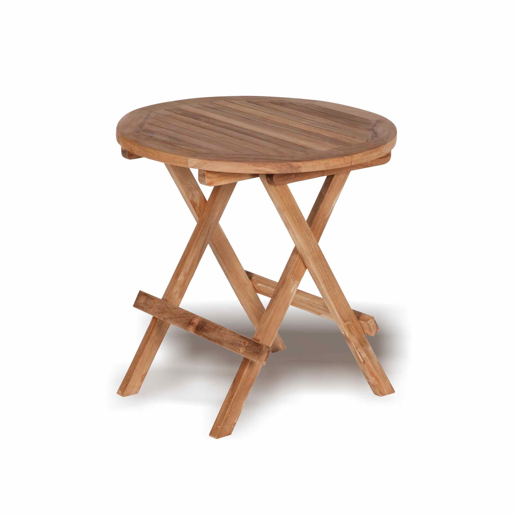 Wooden teak round folding table on a white background