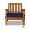 Wooden chair with a blue cushion on a white background