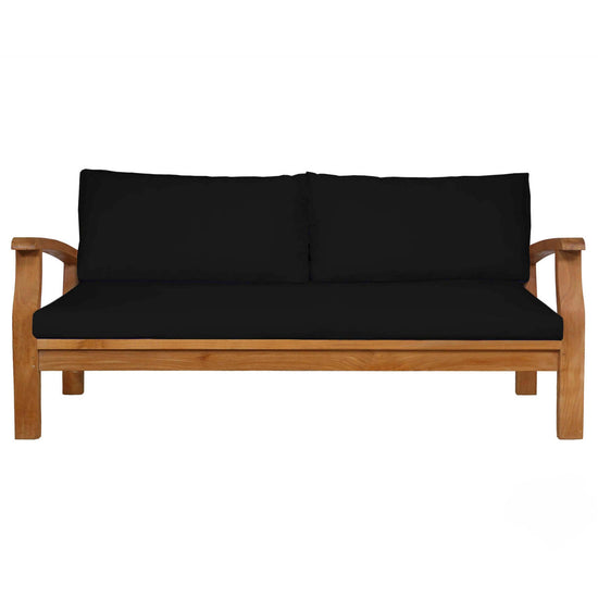 Wooden sofa with black cushions on a white background