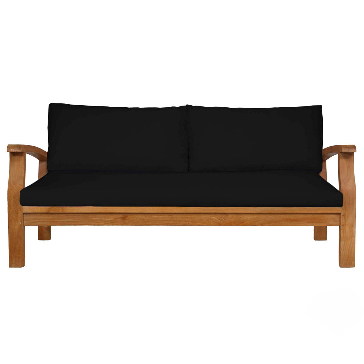Wooden sofa with black cushions on a white background
