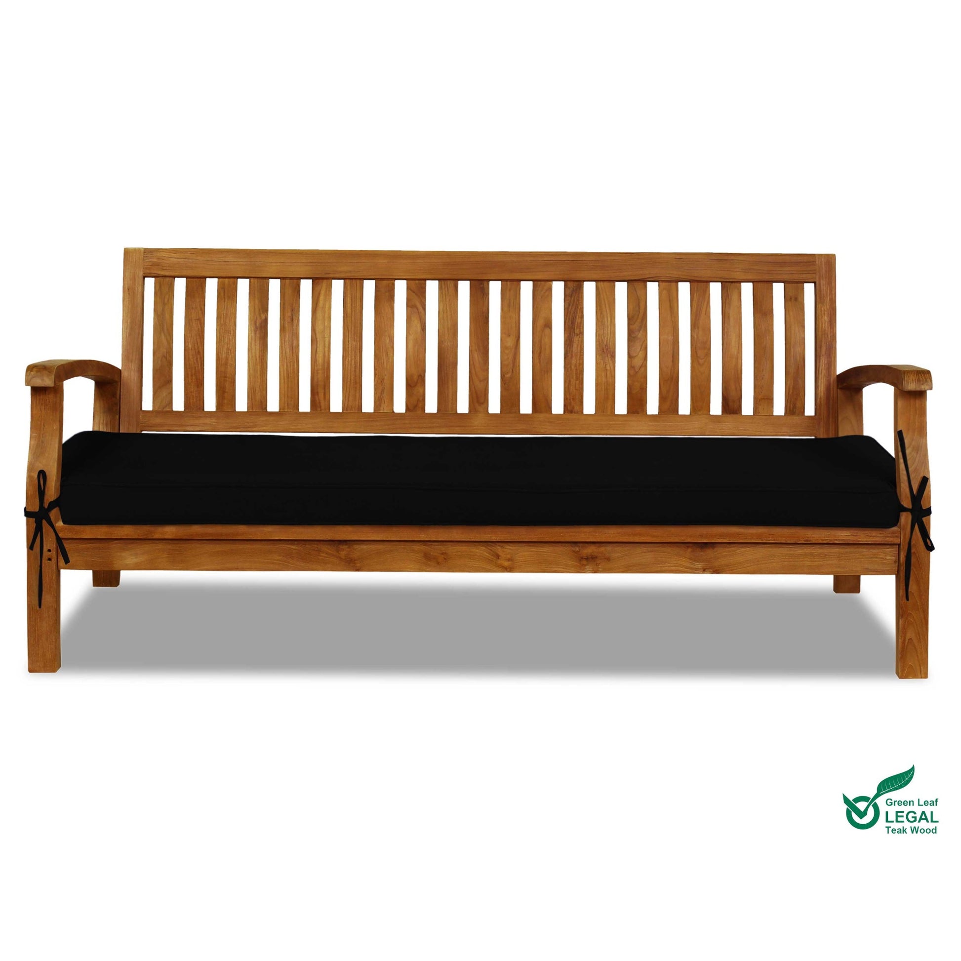 Wooden bench with black cushion on a white background