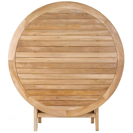 Round wooden table that is folded upright with a white background