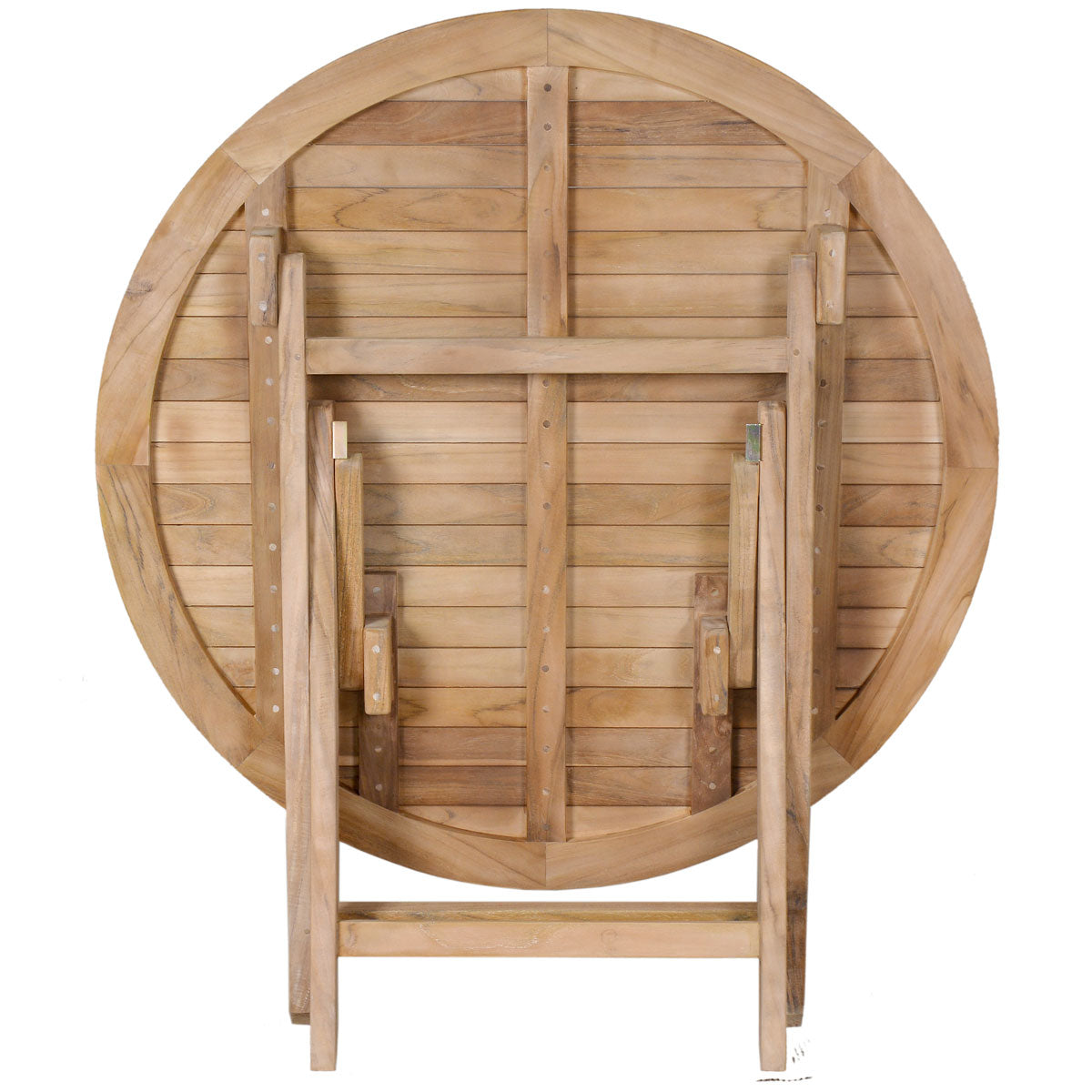 Wooden teak garden table with a stand on a white background