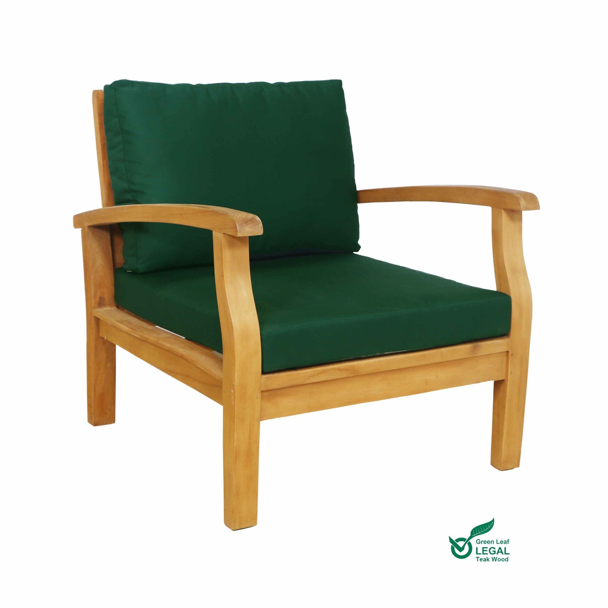 Wooden armchair with green cushions on a white background