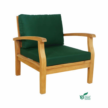 Wooden armchair with green cushions on a white background