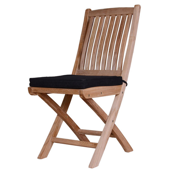 Garden folding chair with a black cushion on a white background