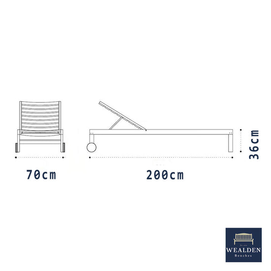 Measurement chart for a pool lounger and chair with dimensions labelled, featuring the Wealden Benches logo.