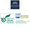Logos of Wealden Benches, Green Leaf Legal, and FLEGT licensed timber on a white background