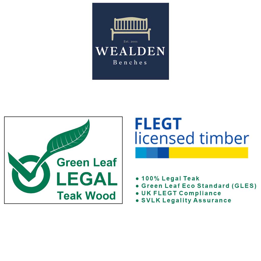 Logos of Wealden Benches, Green Leaf Legal, and FLEGT licensed timber on a white background