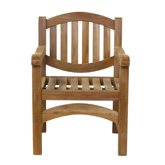 wooden oval teak garden armchair with slatted back and seat on a white background